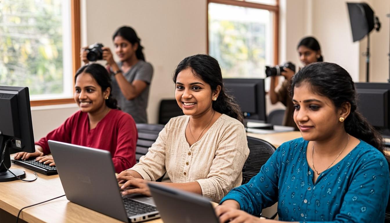 Young Indian women learning digital media production at Lumen Digital Institute